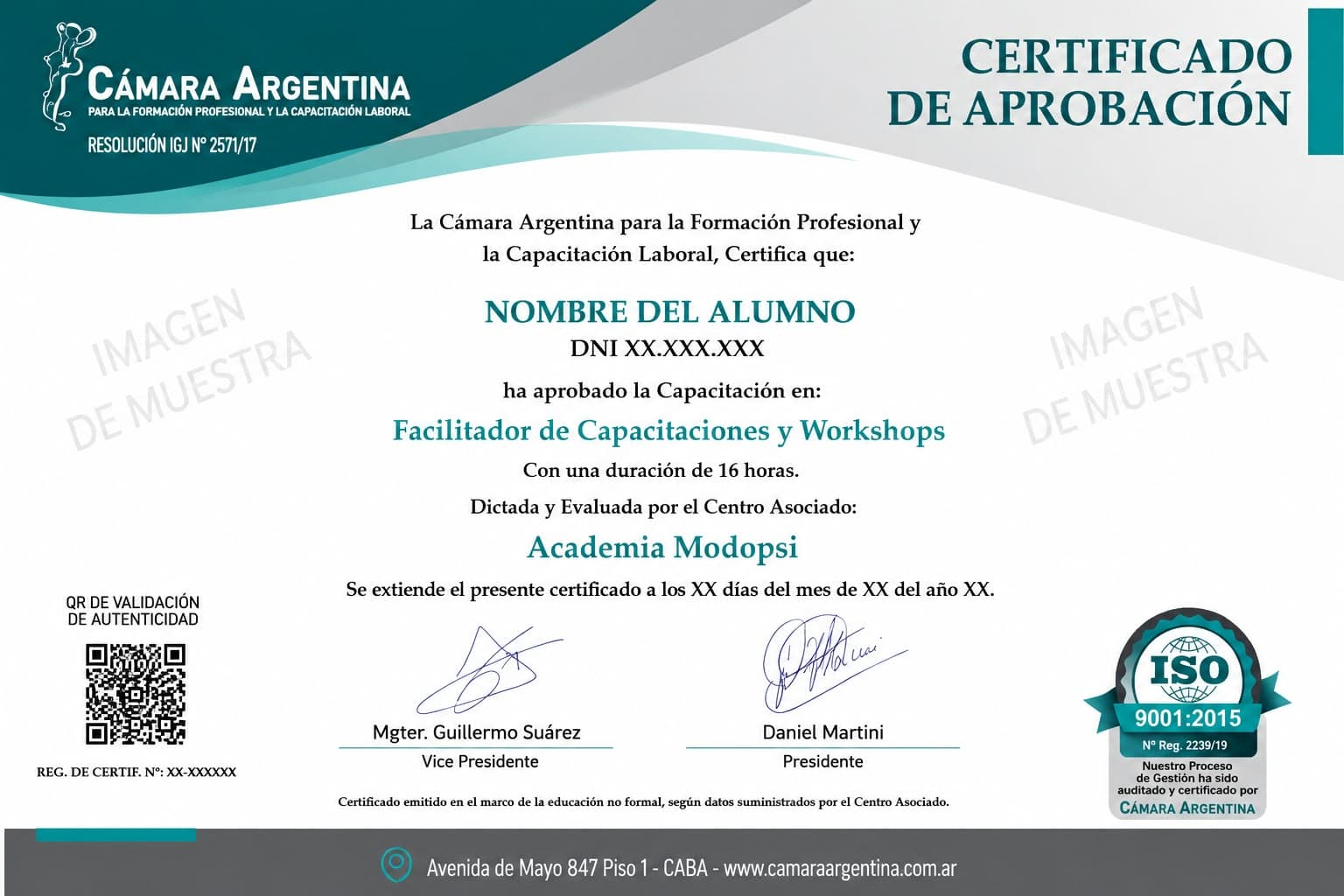 Certificado de muestra — Cámara Argentina