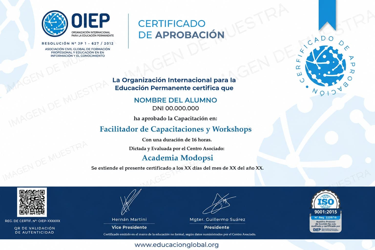 Certificado de muestra — OIEP